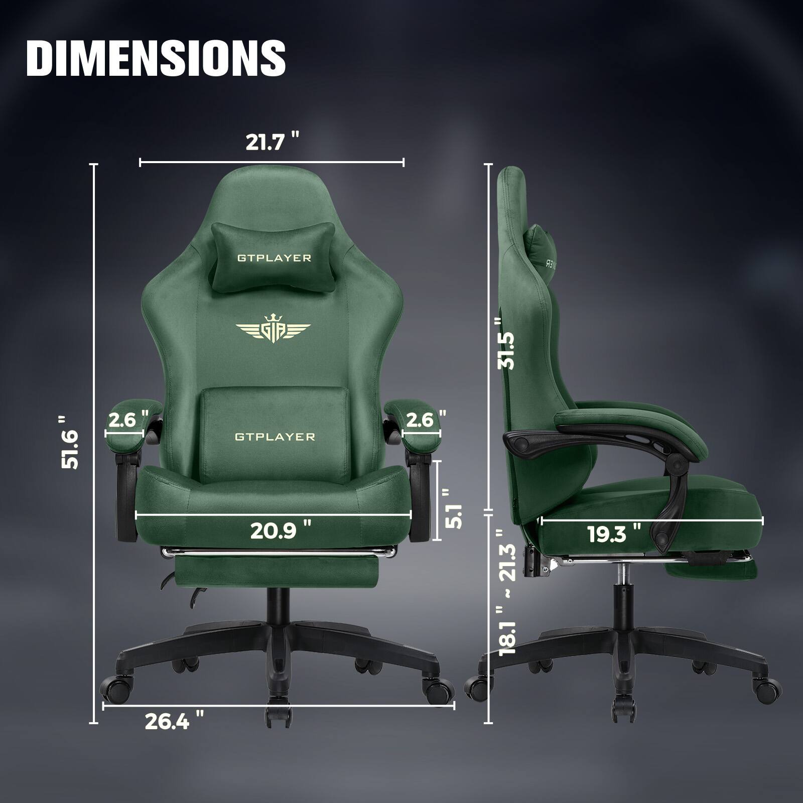 DIMENSIONS

21.7"  
51.6"  
2.6"  
20.9"  
26.4"  

31.5"  
2.6"  
51"  
19.3"  
18.1" ~ 21.3"