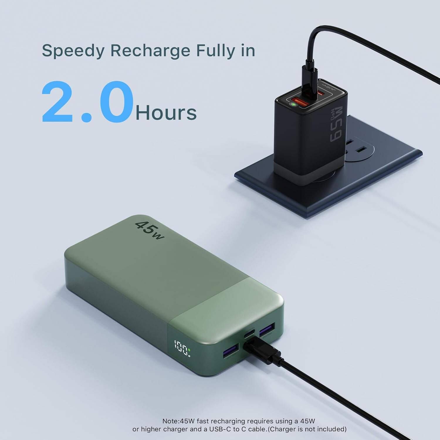 Speedy Recharge Fully in 2.0 Hours

65W 45W 100

Note: 45W fast recharging requires using a 45W or higher charger and a USB-C to C cable. (Charger is not included)