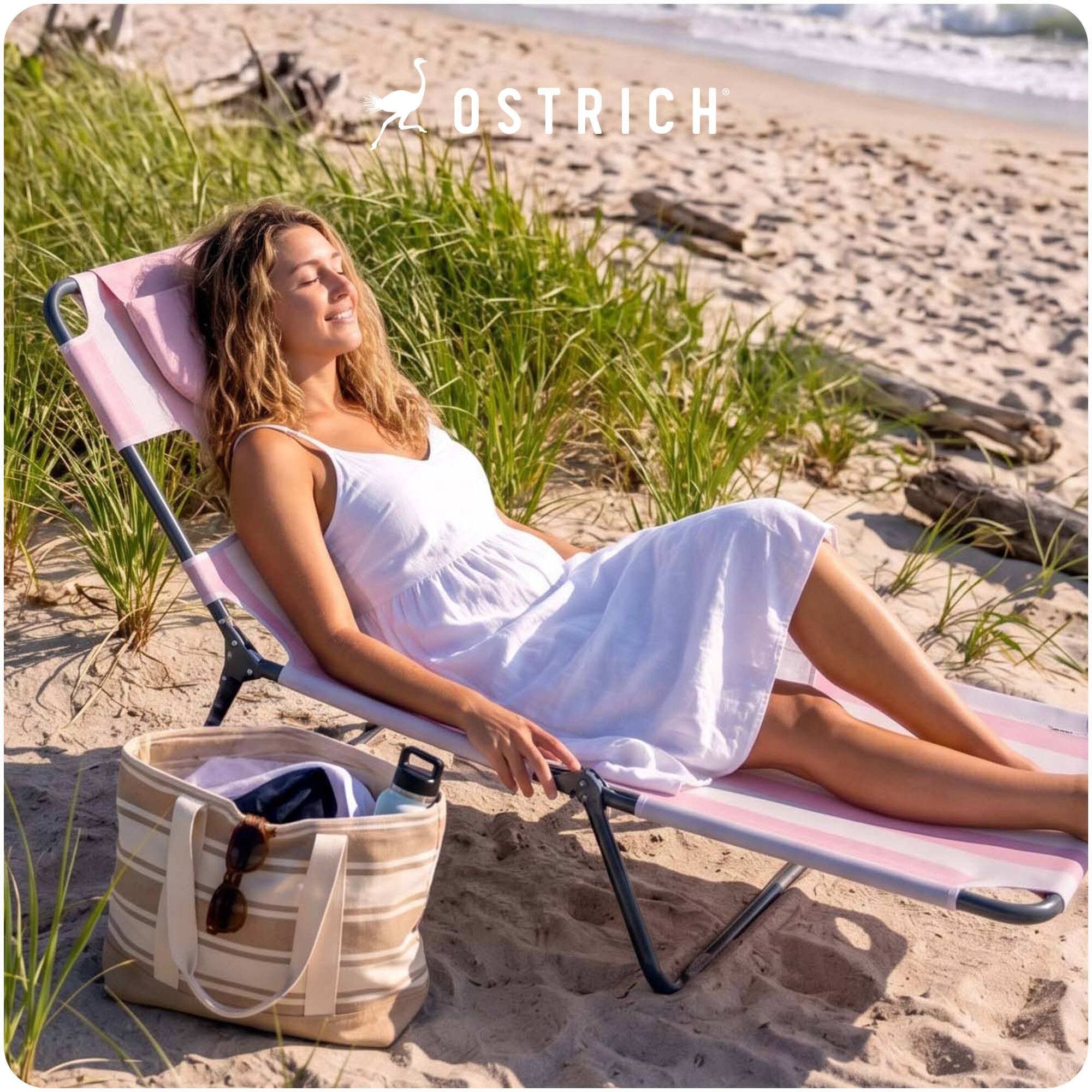 Alt View 7. Ostrich - Ostrich The Backpack Chaise Lounge, Facedown Beach Camping Chair w/ Storage Bag - Icy Pink and White Striped.