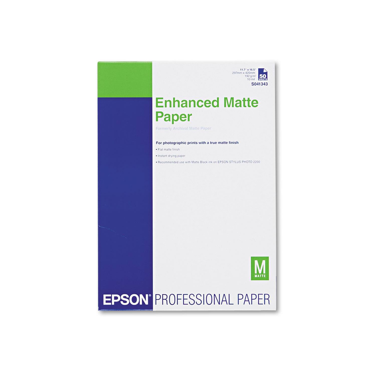 Enhanced Matte Paper
Formerly Archival Matte Paper
For photographic prints with a true matte finish
Flat matte finish
Instant drying paper
Recommended use with Epson Stylus Photo 2200
M MATTE
EPSON PROFESSIONAL PAPER