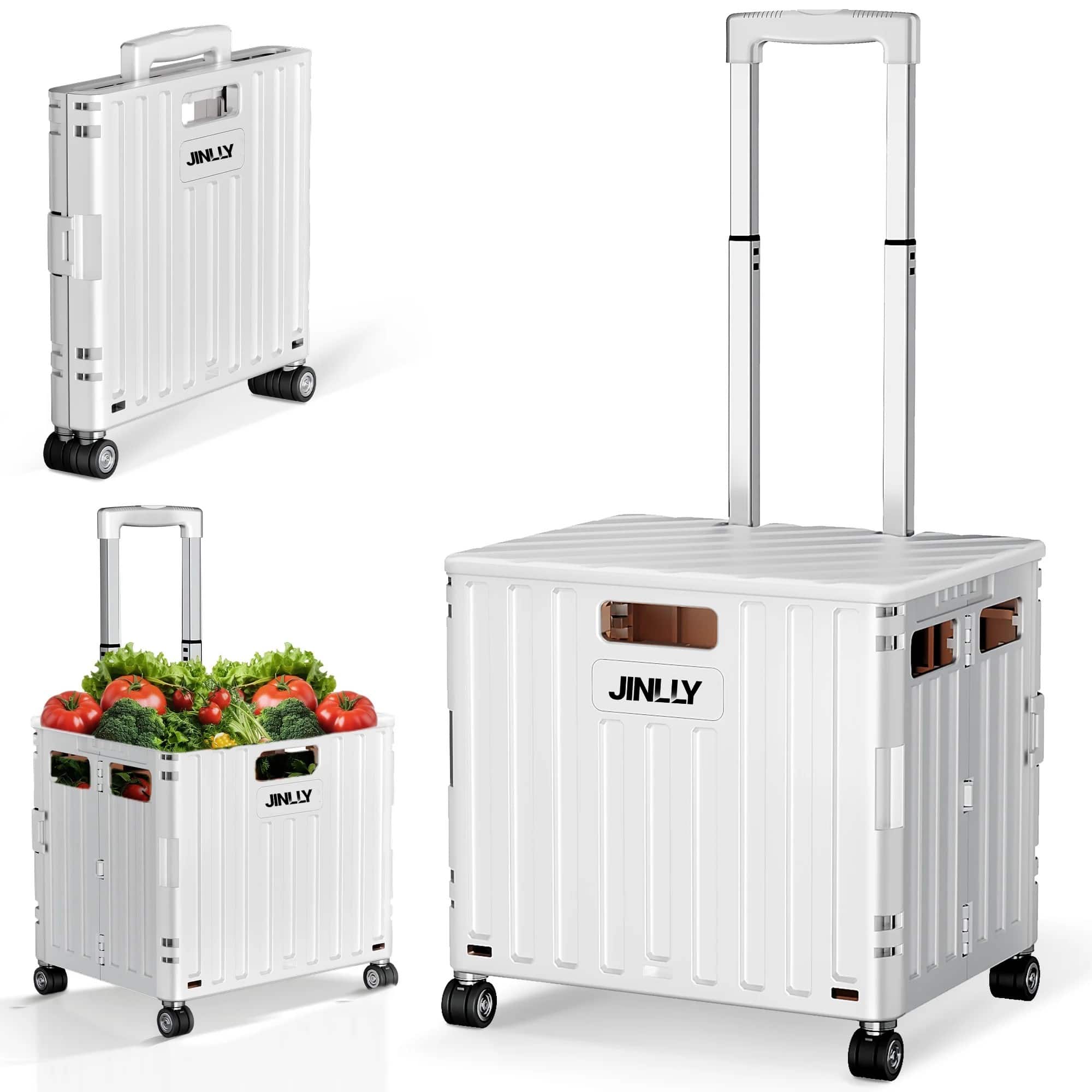 JINLLY - 65L Folding Rolling Utility Cart, Portable Rolling Crate Handcart with 4 Rotate Wheels - White