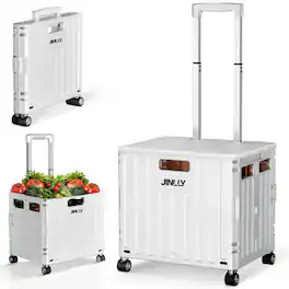 JINLLY - 65L Folding Rolling Utility Cart, Portable Rolling Crate Handcart with 4 Rotate Wheels - White