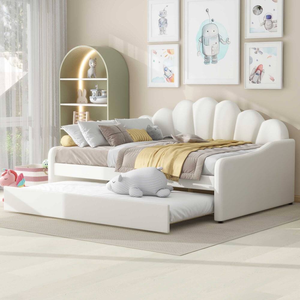 Back. Loheer - Loheer Full Size Upholstered Daybed with Trundle White Velvet Shell Shaped Backrest Sofa Bed - White.