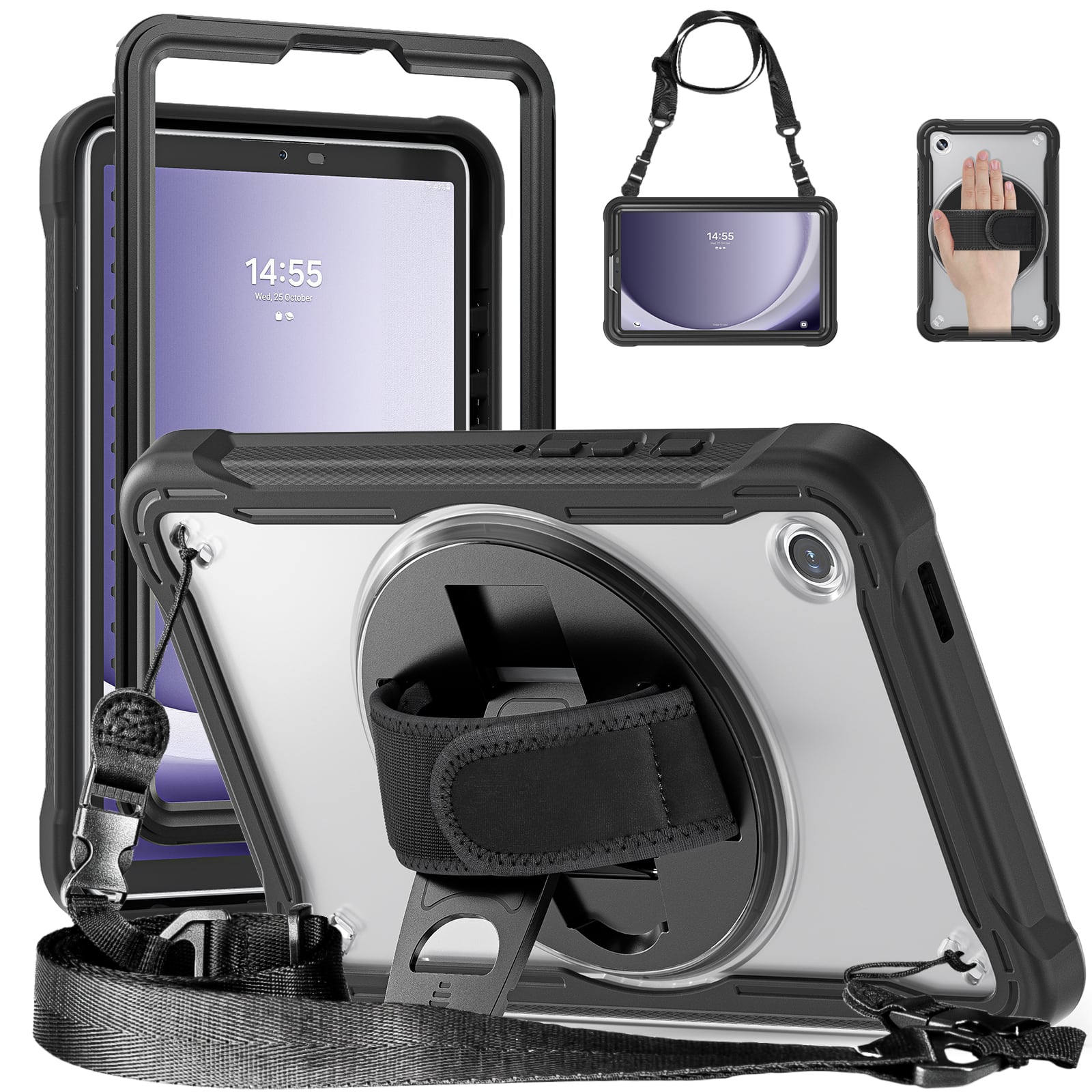 Dteck - Rugged Case for Samsung Galaxy Tab A11+ 2025 11'' Shockproof Handstrap Foldable Kickstand Cover + Crossbody Strap - Black+Clear