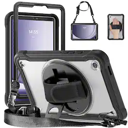 Dteck - Rugged Case for Samsung Galaxy Tab A11+ 2025 11'' Shockproof Handstrap Foldable Kickstand Cover + Crossbody Strap - Black+Clear