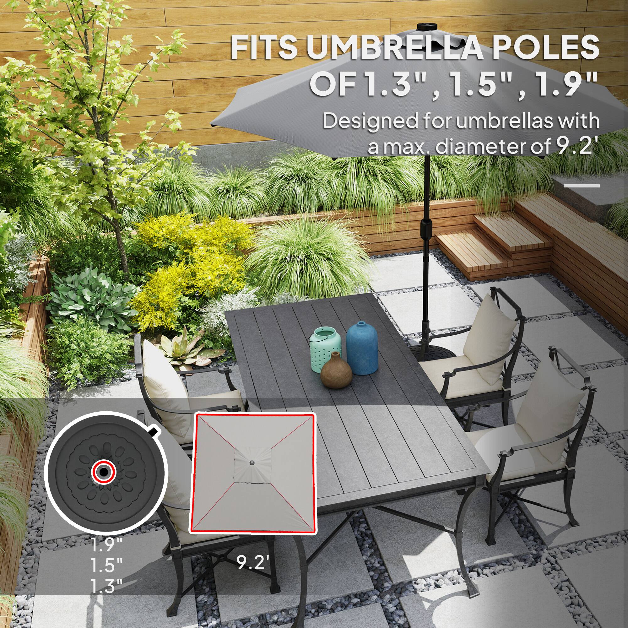 FITS UMBRELLA POLES OF 1.3", 1.5", 1.9" Designed for umbrellas with a max. diameter of 9.2'