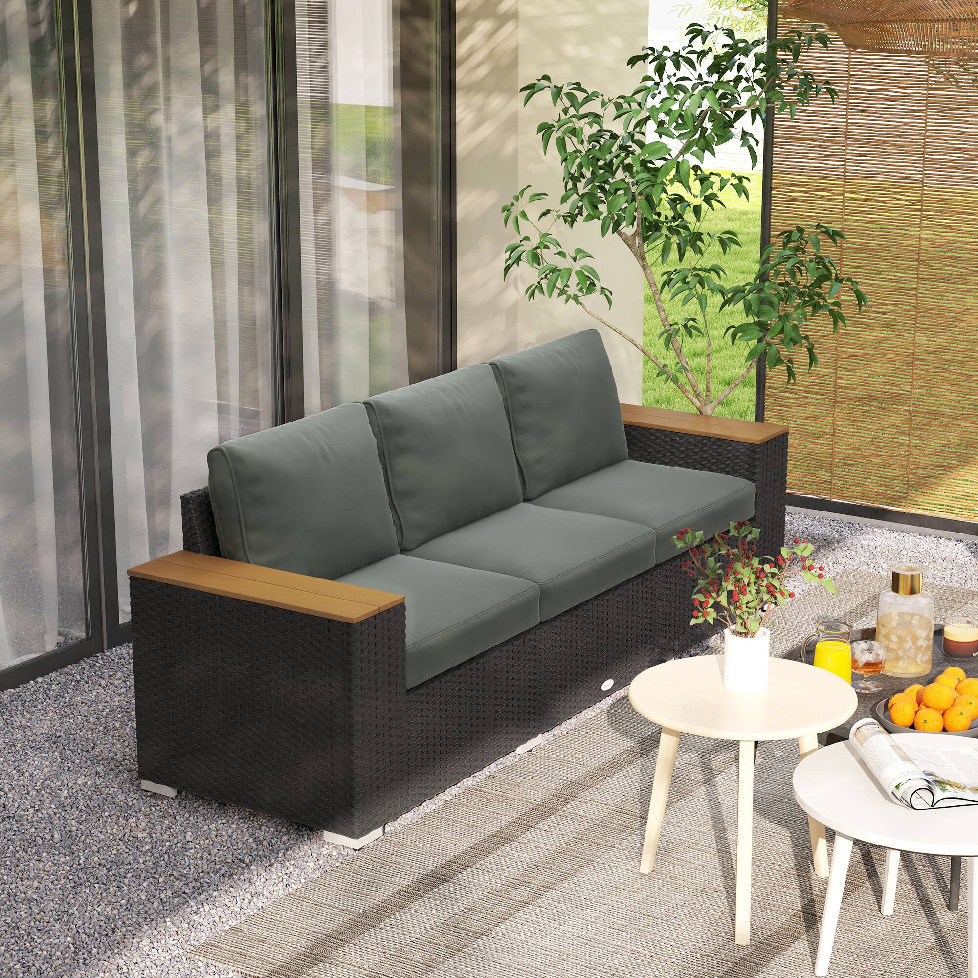 Alt View 7. Outsunny - 3-Seat Outdoor Patio Sofa with Cushions, PE Rattan Wicker Sofa with Wood Grain Wide Armrests, Outdoor Wicker Couch - Dark Gray.