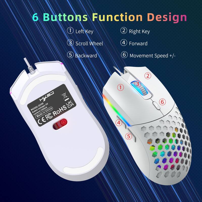 6 Buttons Function Design  
1. Left Key  
2. Right Key  
3. Scroll Wheel  
4. Forward  
5. Backward  
6. Movement Speed +/-  

HH HKSS UK MODEL: S500  
Voltage: 5V  
Rated Current: 100mA  
Made in China  
RoHS in  
FC CE C E