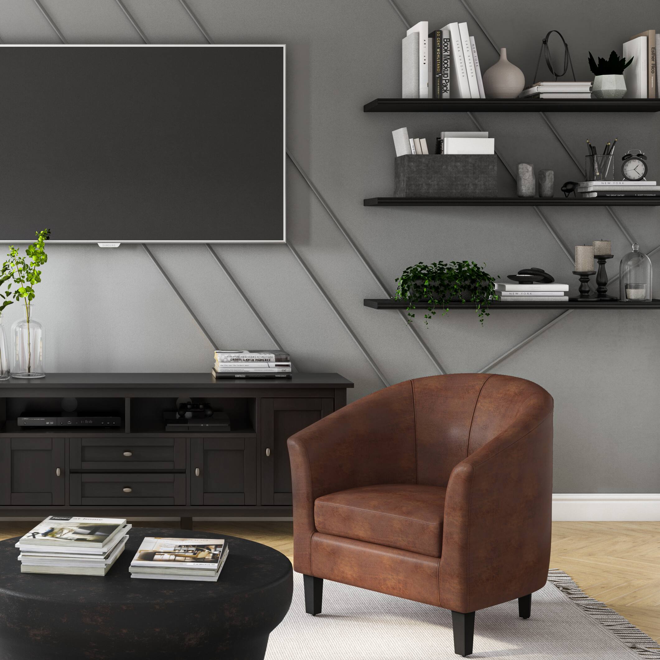 Left. Simpli Home - Austin 30 inch Wide Tub Chair - Distressed Saddle Brown.