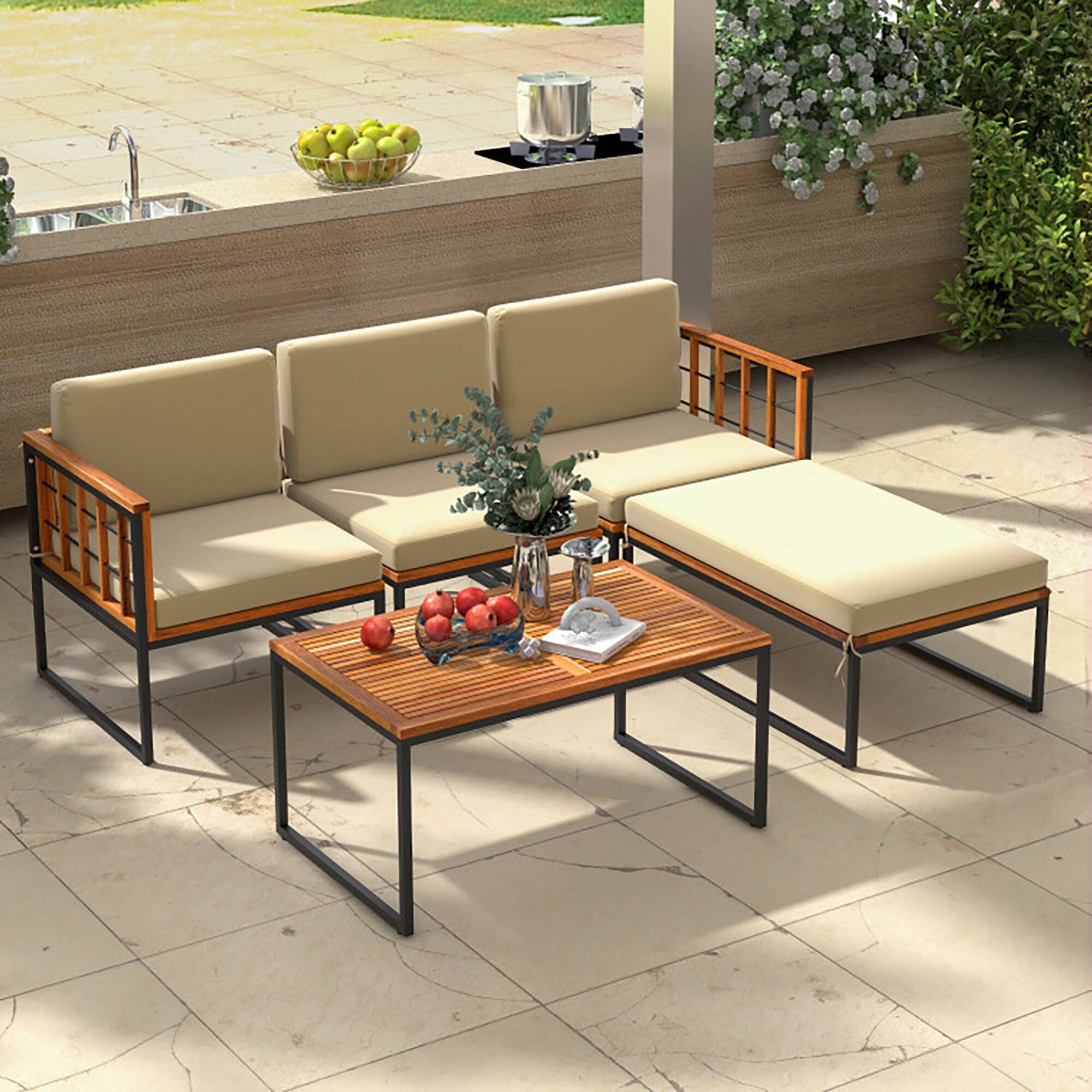 Alt View 7. Boyel Living - 5 Pieces Patio Furniture Set Acacia Wood Sectional Set with Heavy-Duty Metal Frame - Black+Natural+Beige.
