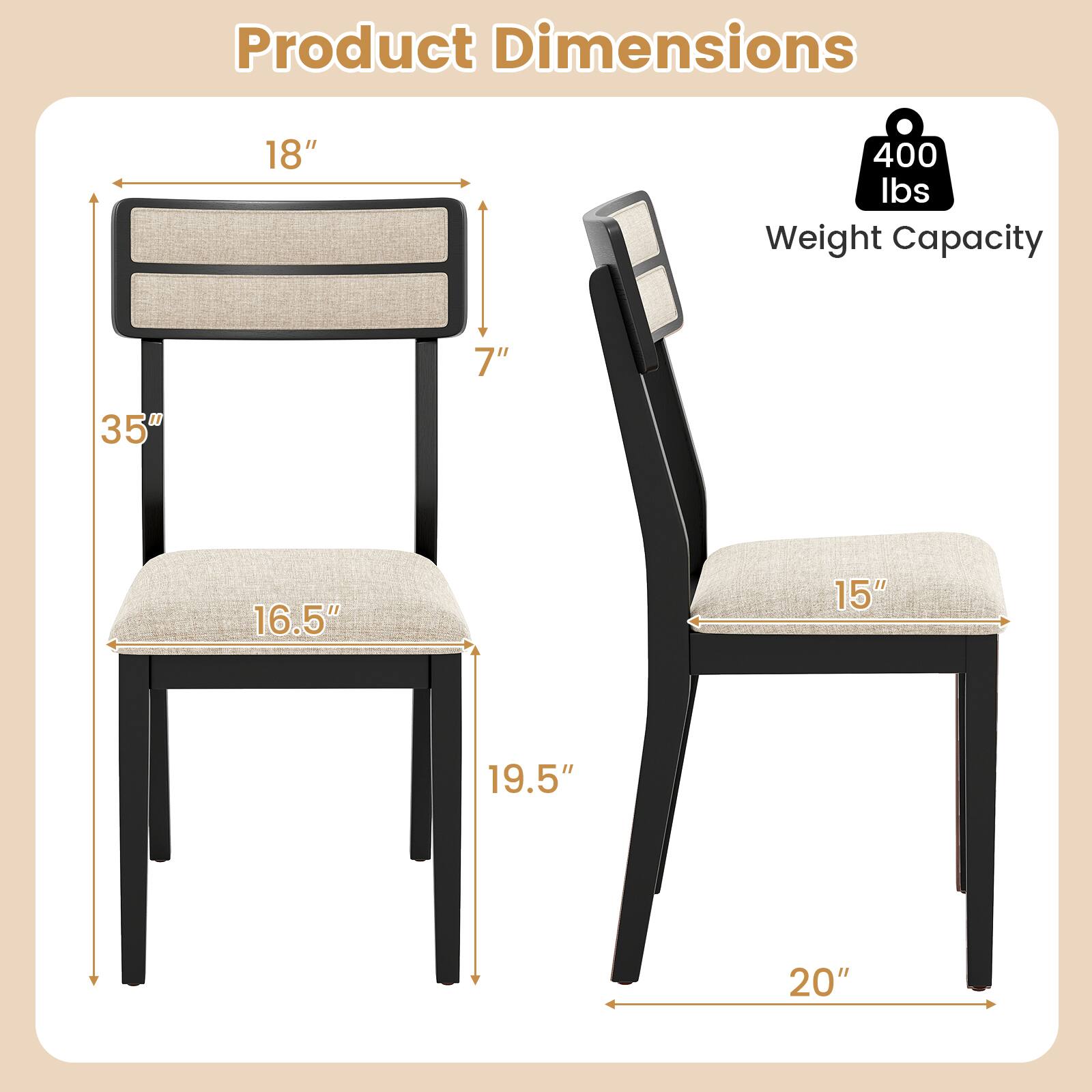 Product Dimensions

- 18" (Width)
- 7" (Back Height)
- 16.5" (Seat Width)
- 19.5" (Seat Depth)
- 35" (Height)
- 15" (Armrest Height)
- 20" (Armrest Width)

Weight Capacity: 400 lbs