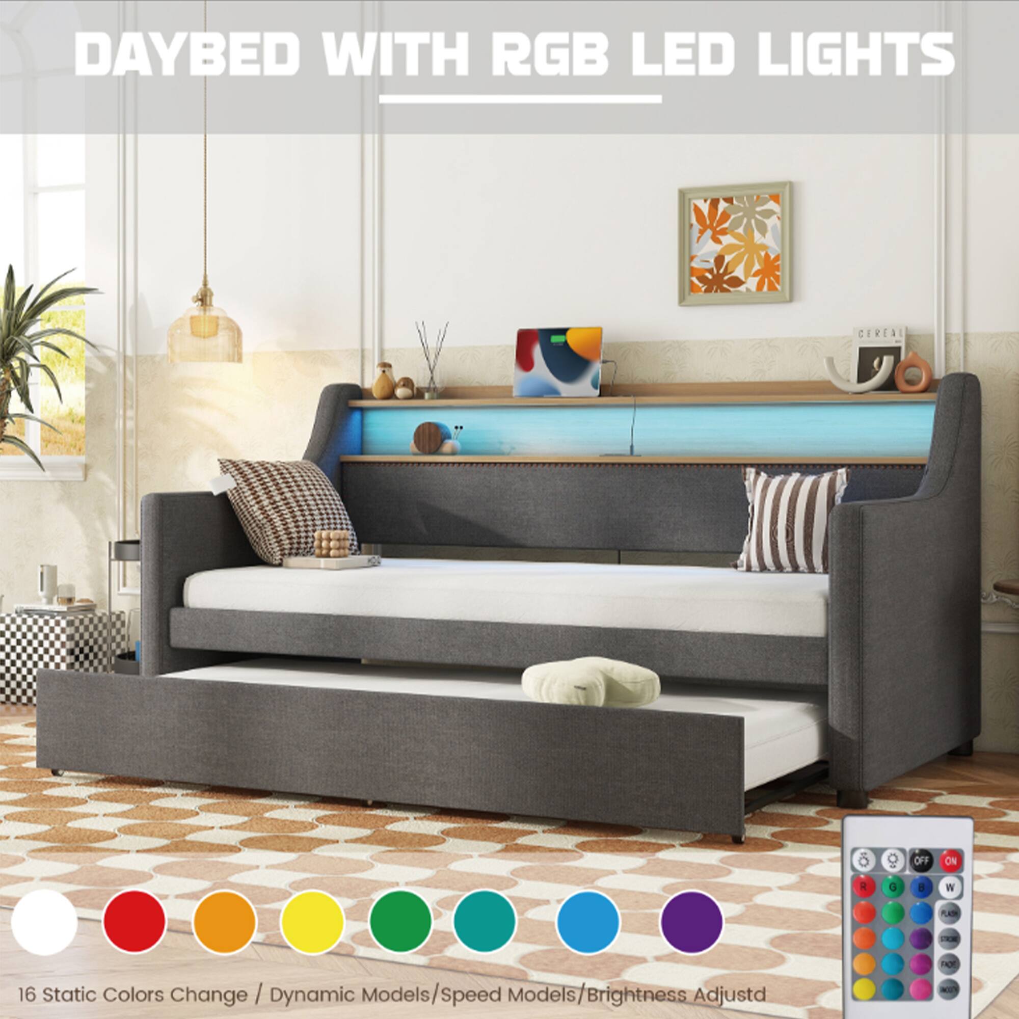 DAYBED WITH RGB LED LIGHTS

16 Static Colors Change / Dynamic Models/Speed Models/Brightness Adjusted