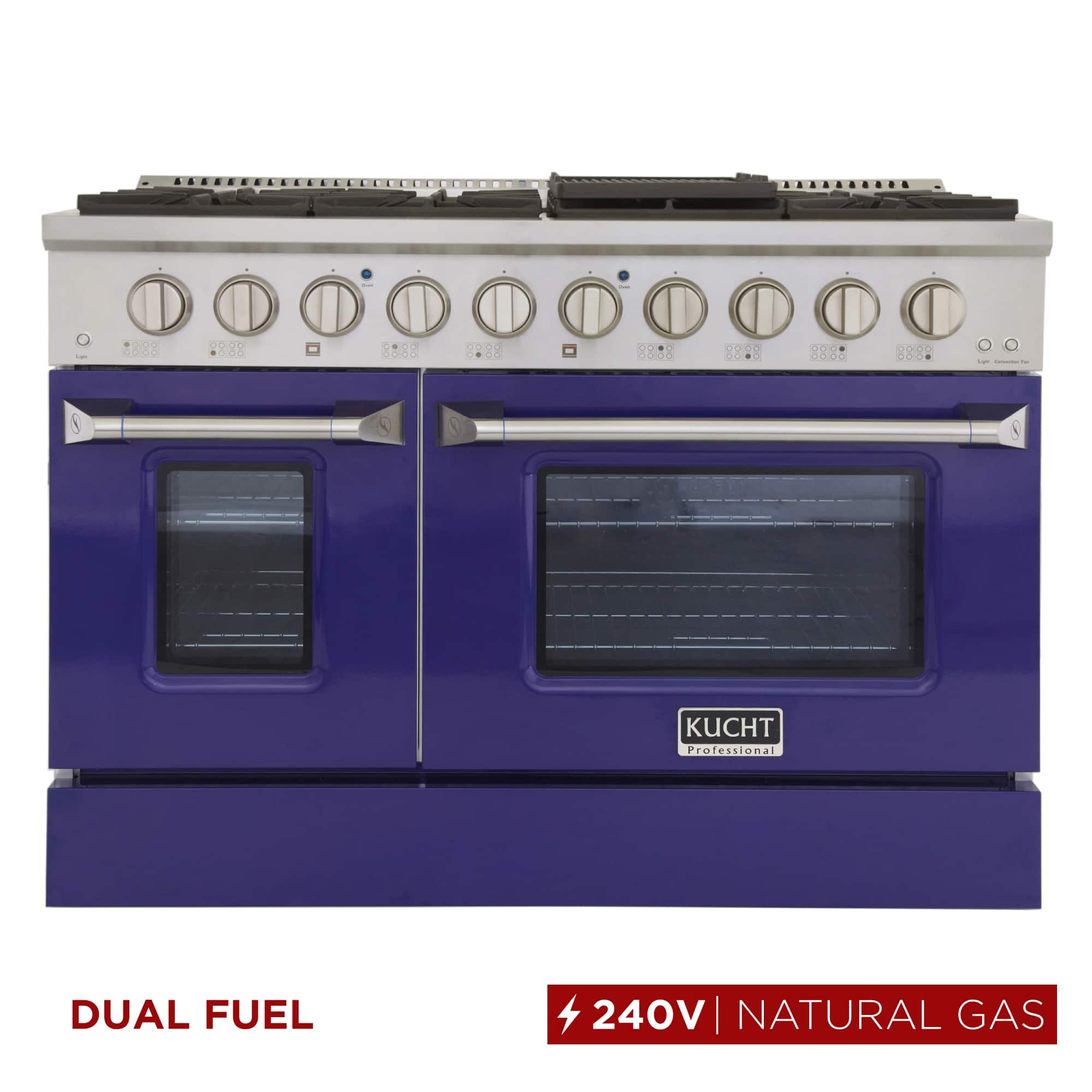 Kucht - 48" Dual Fuel Range for NG, SS/Blue Doors, Sealed Burners, Griddle, 2 Ovens (1 Convection) - Blue