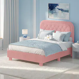 Winado - Bed Frame with Headboard,Cozy Soft Platform Bed with Wooden Slats Support Cream Modern Style,Noise Free,Rounded Corners - Full-Pink