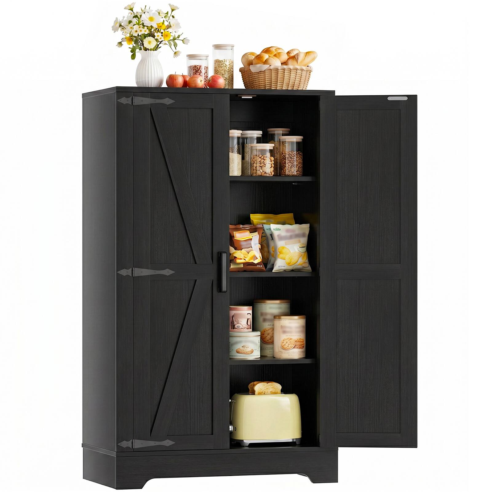 Angle. Aheaplus - 43.3'' Tall Small Farmhouse Pantry Cabinet with 3 Adjustable Shelves, 2 Door Pantry for Dining Room. Kitchen - Black.