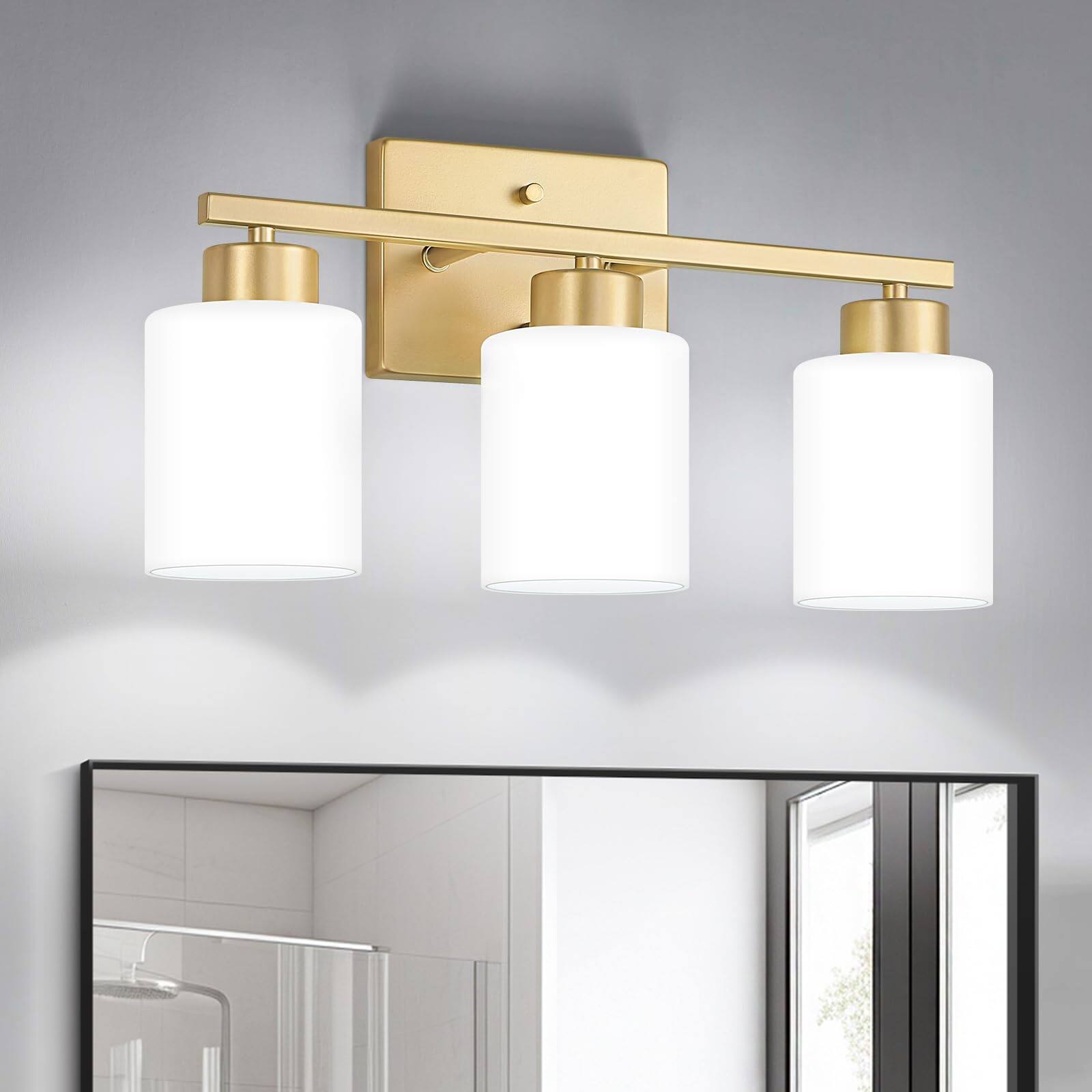 Front. Dazzling Pops - Bathroom Light Fixtures Modern Vanity Over Mirror Wall Sconces With Milky Frosted Glass Shades E Socket - Gold 3-Light.