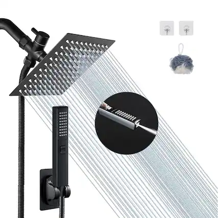 Front. Paradigms Interiors - Dual Shower Heads With Handheld Spray Combo High Square Rain Head Hose Stainless 3 way Diverter Anti clog N... - Black-8 Inch.