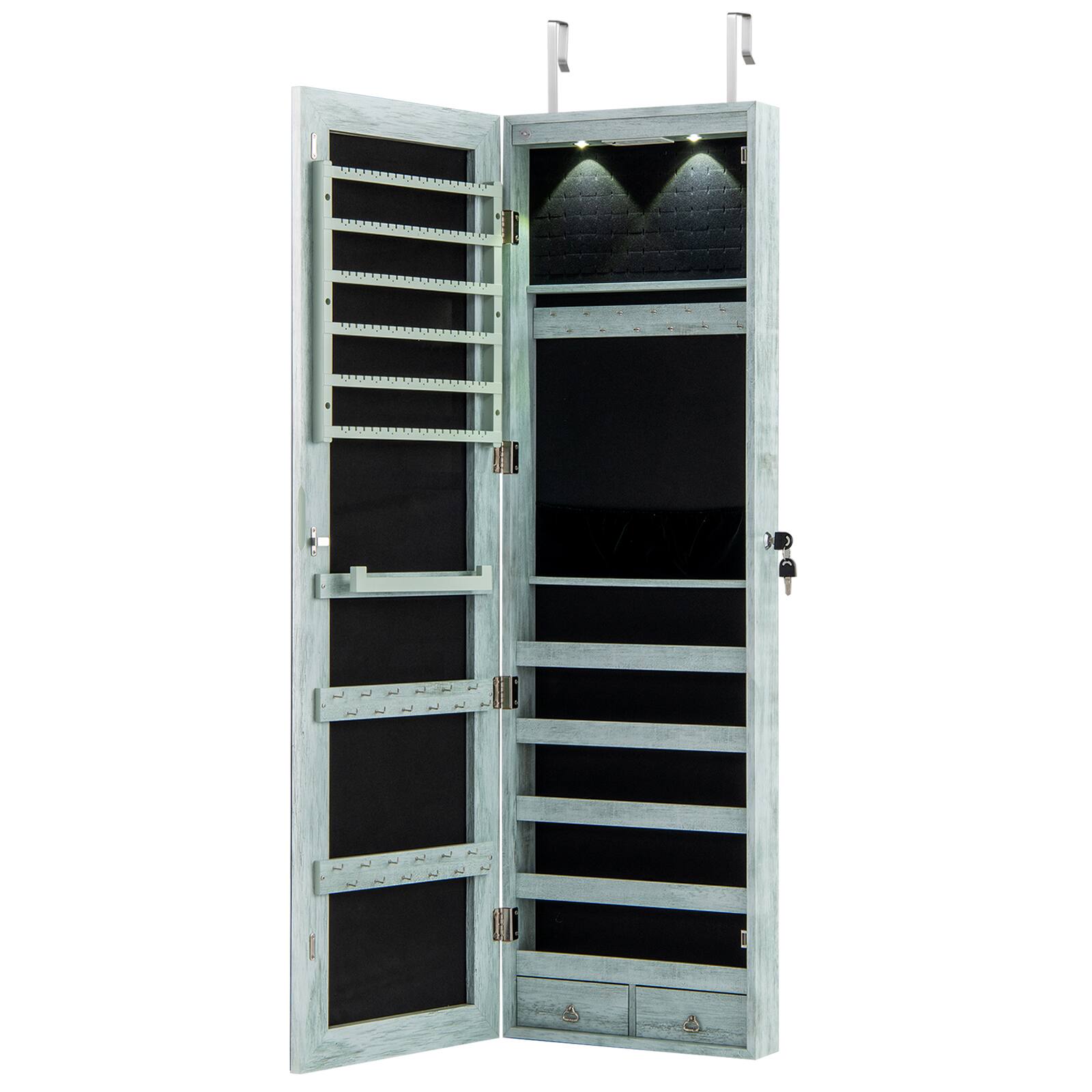 Alt View 6. Gymax - Gymax Mirrored Wall & Door Mounted Jewelry Cabinet Storage Organizer W/ Lights Navy - Navy.