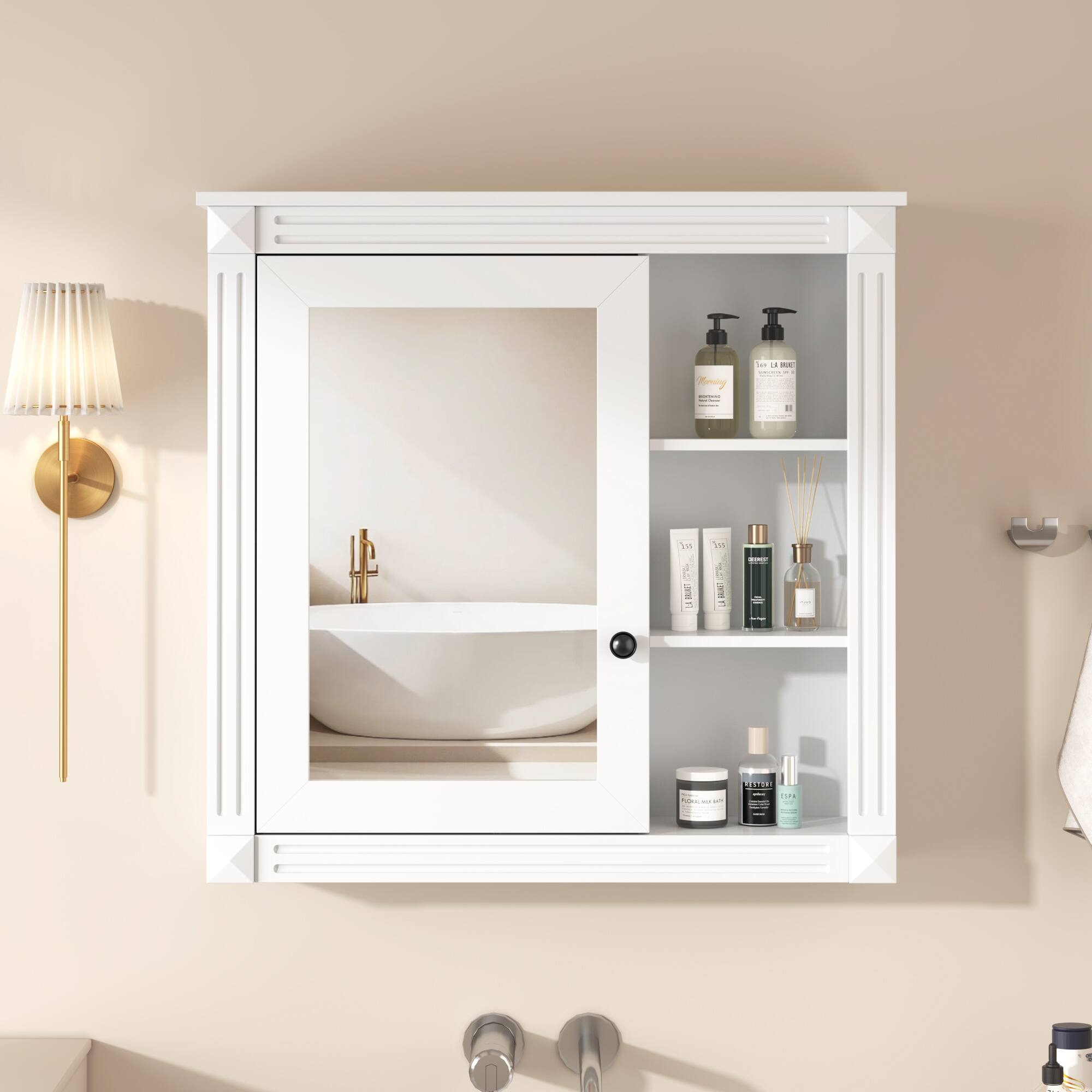 APRILSOUL - Bathroom Medicine Cabinet with Mirror Wall Mounted Mirror Cabinet with Storage Organizer - White