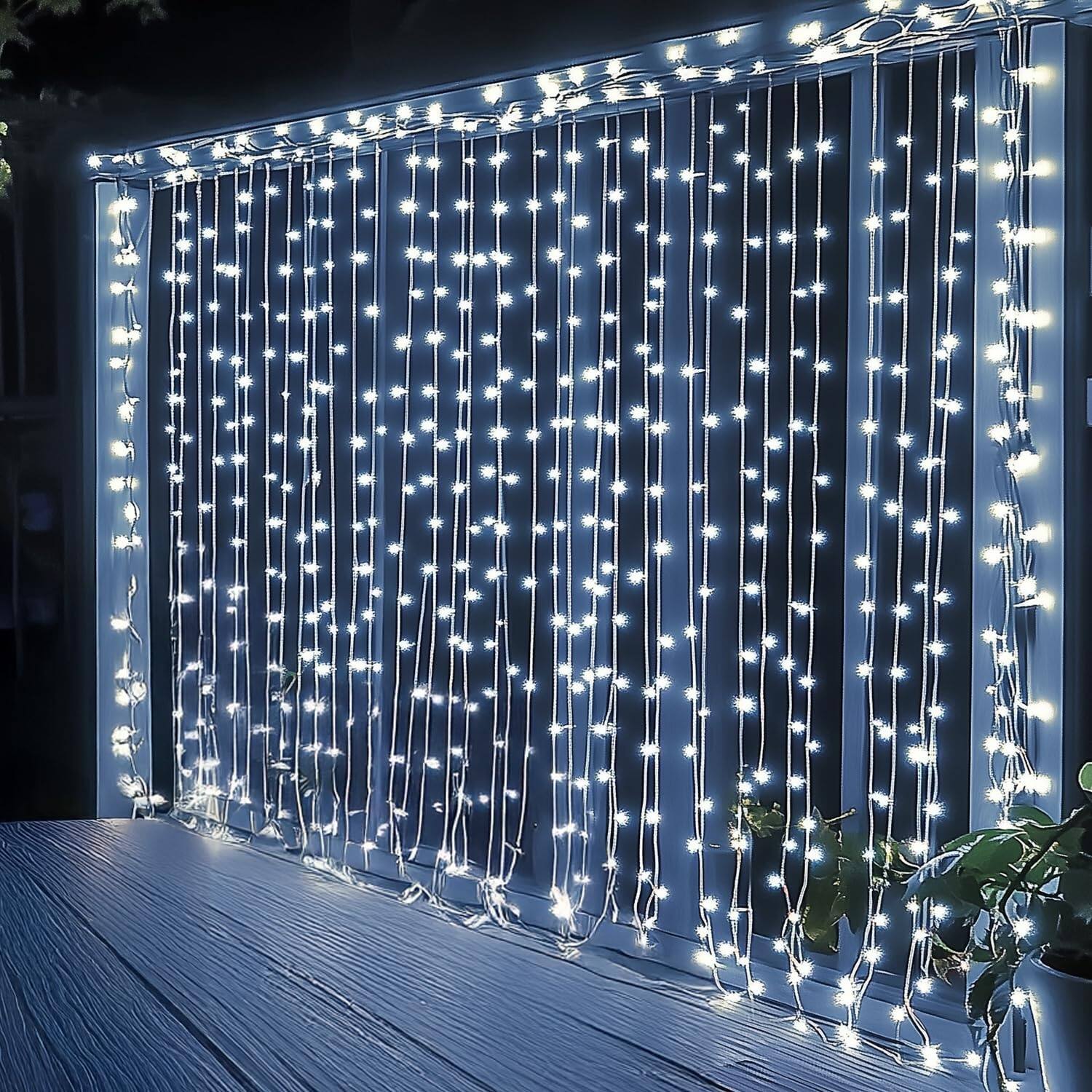 Front. Paradigms Interiors - 300 Led Curtain Lights Plug In Fairy For Bedroom Christmas Hanging String Outdoor Window Backdrop Wall Wedd... - White.