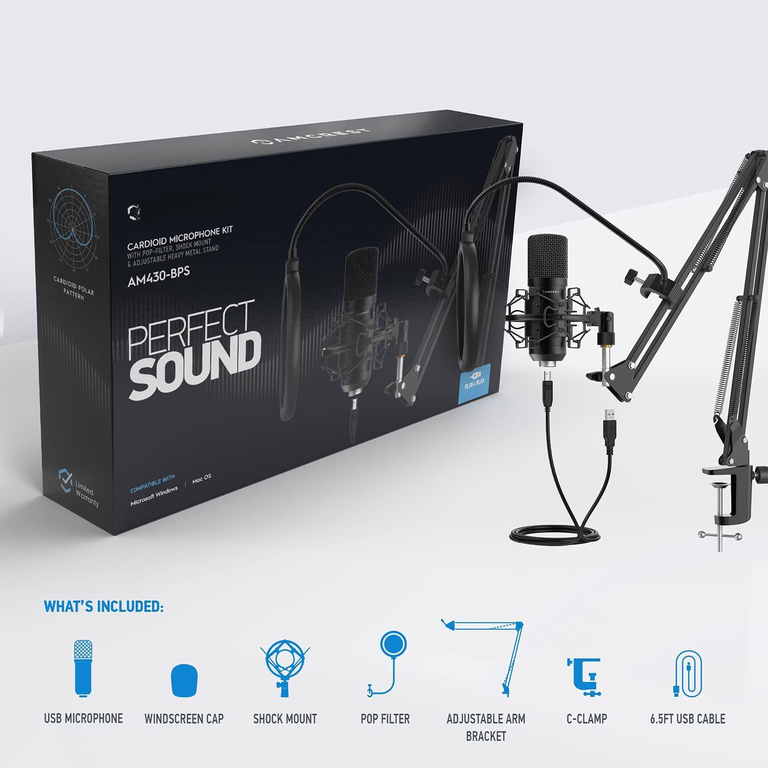 Sure, here is the corrected and grouped text from the image:

---

**CARDIOID MICROPHONE KIT**  
WITH ADJUSTABLE SHOCK MOUNT  
AM430-BPS  

**PERFECT SOUND**  

**WHAT'S INCLUDED:**  
- USB MICROPHONE  
- WINDSCREEN CAP  
- SHOCK MOUNT  
- POP FILTER  
- ADJUSTABLE ARM BRACKET  
- C-CLAMP  
- 6.5FT USB CABLE  

**COMPATIBLE WITH:**  
- WINDOWS  
- MAC OS  

**LIMITED WARRANTY**  

---

This text is organized to reflect the information presented on the product packaging.