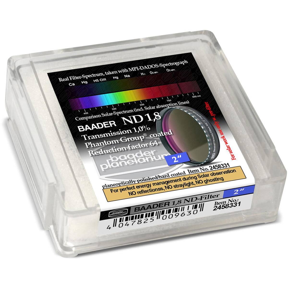 Real Filter-Spectrum, taken with MPI-DADOS-Spectrograph  
Na Real  
OWll Ca H 800 nES 700 600 absorption lines) 500 (incl. Solar pre-filter Comparison 400 Solar-Spectrum 1,8 ND W. BAADER 1,0% only Transmission coated use Group Denslity work Phantom factor 64 Nevstral Reduction solar planelarium bagder 2" For No. 2458331 coated Item observation polished/hard during Solar planeoptically management NO ghosting perfect energy NO straylight, For NO reflections, 2" 2 1,8 ND-Filter Item No.: BAADER 2458331 n 009630 4 047825