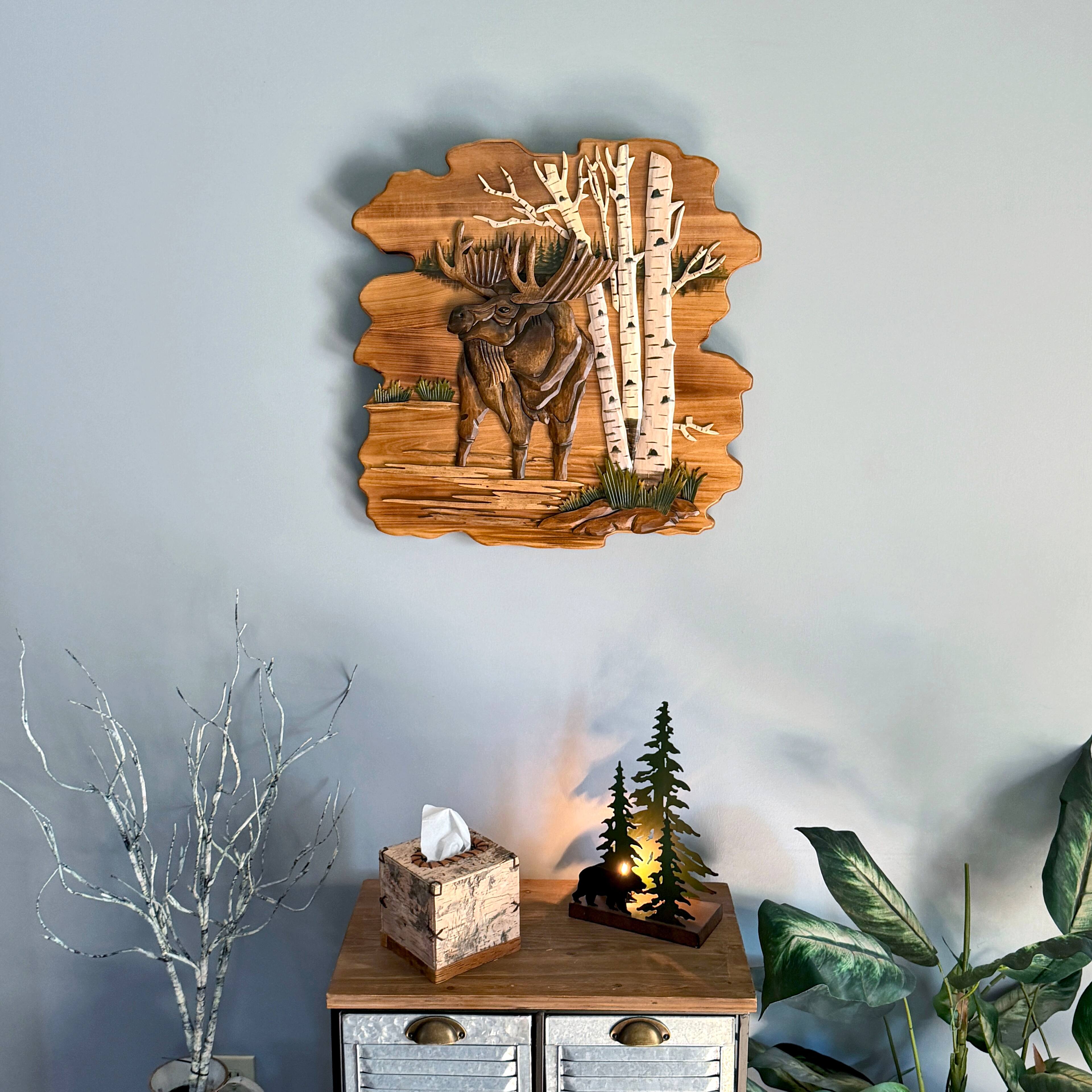 Alt View 3. Zeckos - Moose in Birch Forest 23.5 inch Rustic Intarsia Wood Wall Art Sculpture - Brown.