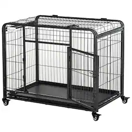 Pawhut - Folding Design Metal Dog Crate & Heavy Duty Kennel with Removable Tray 4 Locking Wheels 37" x 22.75" x
