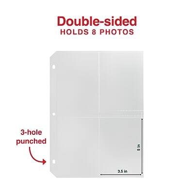 Double-sided  
Holds 8 photos  
3-hole punched  
5 in x 3.5 in