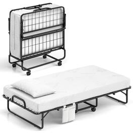 Gymax - 75'' x 38'' Twin Size Folding Bed Rollaway Guest Bed w/ 5 inch Mattress & Pillow - White, Black