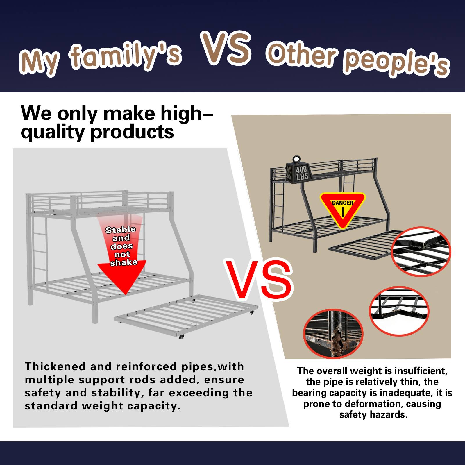 My family's VS Other people's

We only make high-quality products

400 LBS DANGER

Stable and does not shake

VS

Thickened and reinforced pipes, with multiple support rods added, ensure safety and stability, far exceeding the standard weight capacity.

The overall weight is insufficient, the pipe is relatively thin, the bearing capacity is inadequate, it is prone to deformation, causing safety hazards.