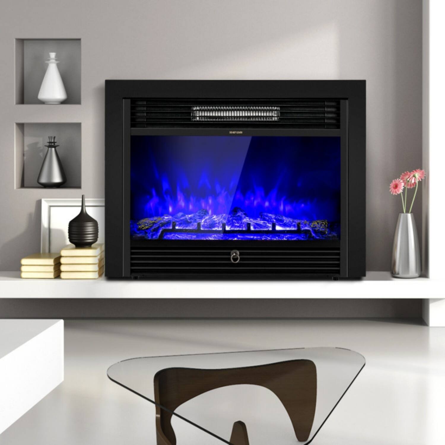 Angle. LUCKY ONE - 28.5 IN Recessed Electric Fireplace with 3 Flame Colors & Remote - Black.