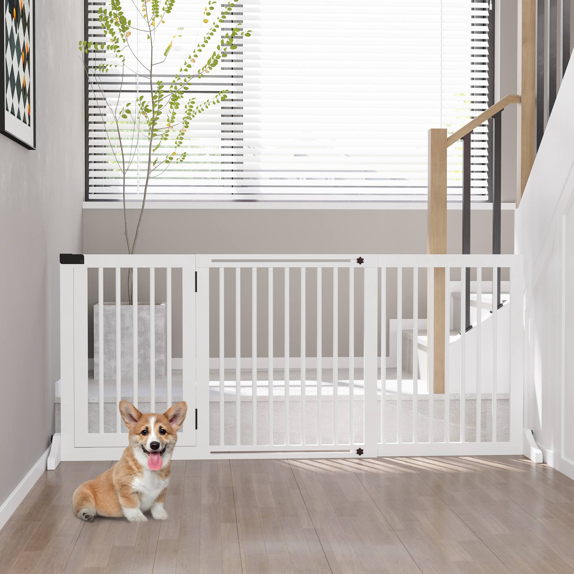 Alt View 1. Pawhut - Freestanding Length Adjustable Wooden Pet Gate with Lockable Door 3 Panels.
