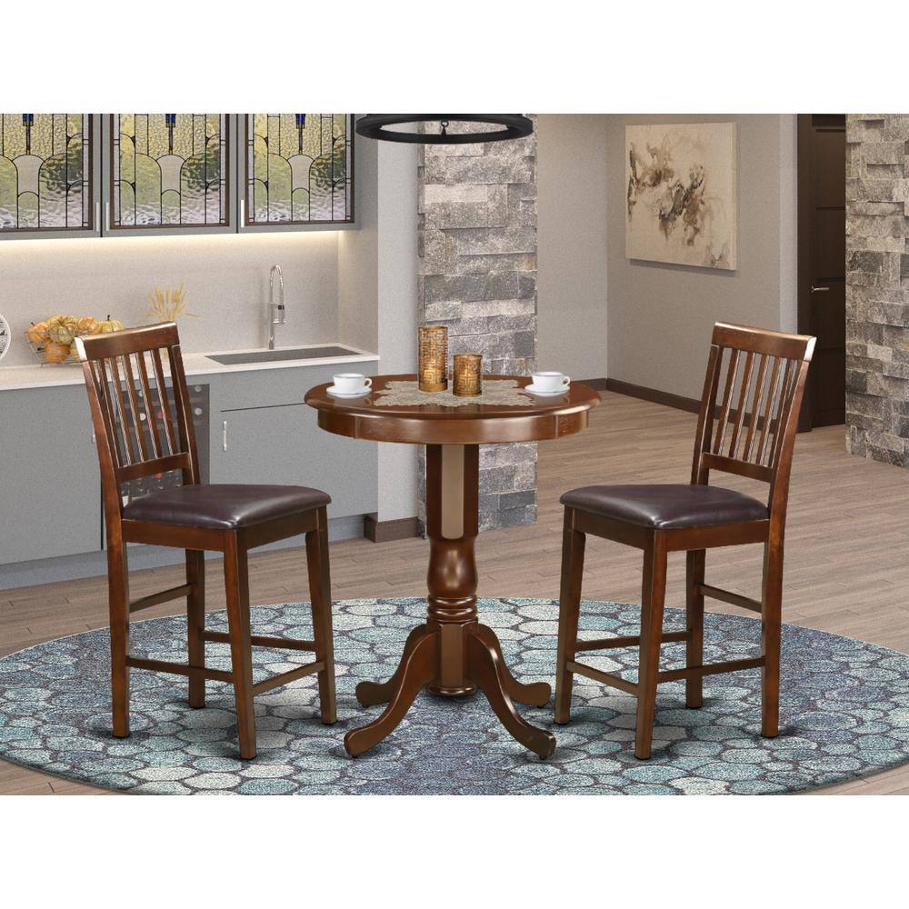 Back. East West Furniture - 3 Pc counter height Dining set - Small Kitchen Table and 2 bar stools. - Mahogany.