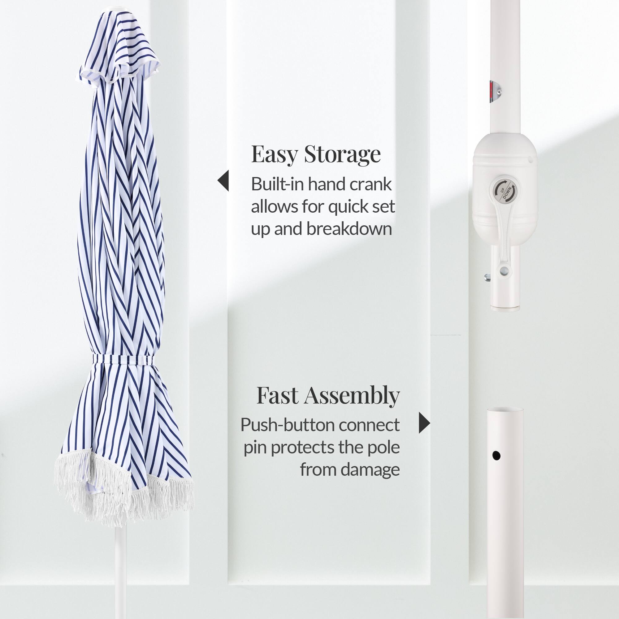 Easy Storage  
Built-in hand crank allows for quick set up and breakdown  

Fast Assembly  
Push-button connect pin protects the pole from damage