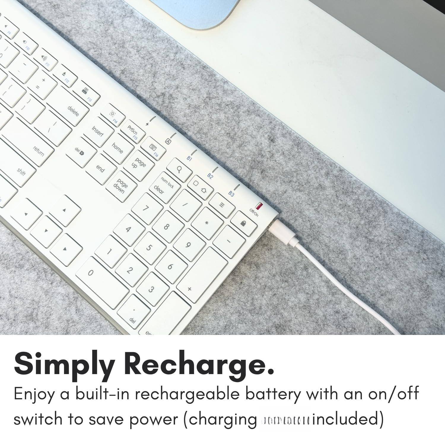 Sure, here is the corrected and grouped text:

---

Simply Recharge.

Enjoy a built-in rechargeable battery with an on/off switch to save power (charging cable included)

---

FE I I 1 ] - return shift i FO delete IN Insert PrtScn FS delD home PH BI end up page Q I B2 page num down lock clear o B3 / 7 . 4 8 ORIOn 0 1 2 5 6 9 - 3 + del

---