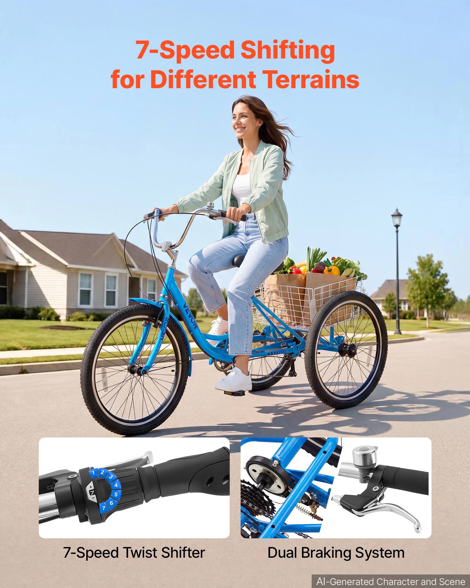 7-Speed Shifting for Different Terrains

VEVOR

1 + 7
2 7
3 4 5 6

WWW.A

7-Speed Twist Shifter
Dual Braking System

AI-Generated Character and Scene