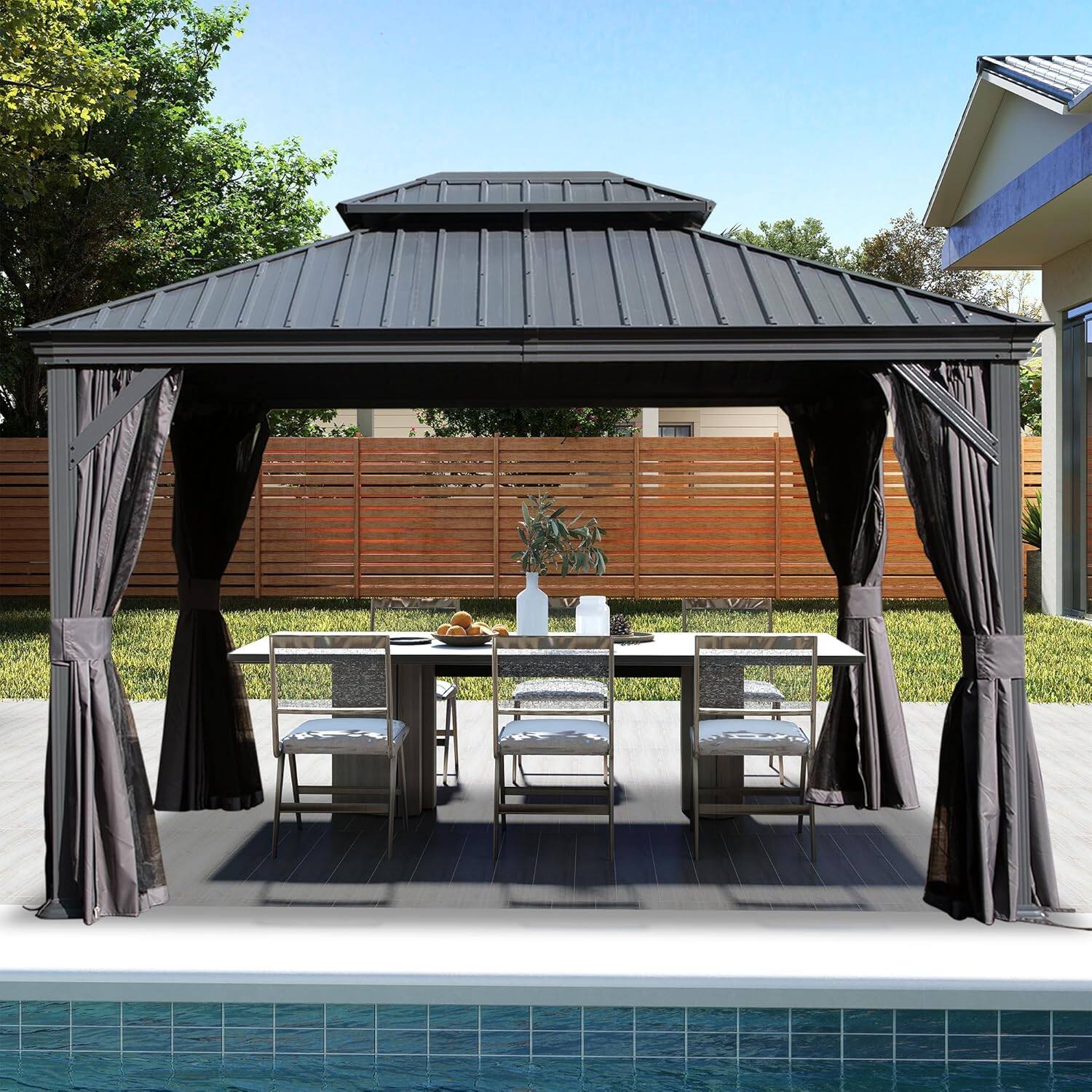 Angle. Mondawe - 10x13FT Outdoor Gazebo，Galvanized Steel Double Roof，Curtains and Netting Included - Dark Gray.