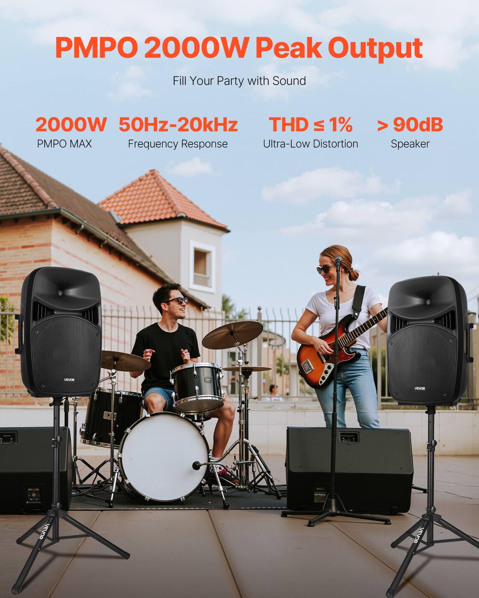 PMPO 2000W Peak Output  
Fill Your Party with Sound

2000W  
50Hz-20kHz  
THD ≤ 1%  
PMPO MAX  
Frequency Response  
Ultra-Low Distortion  
> 90dB Speaker

VEVOR