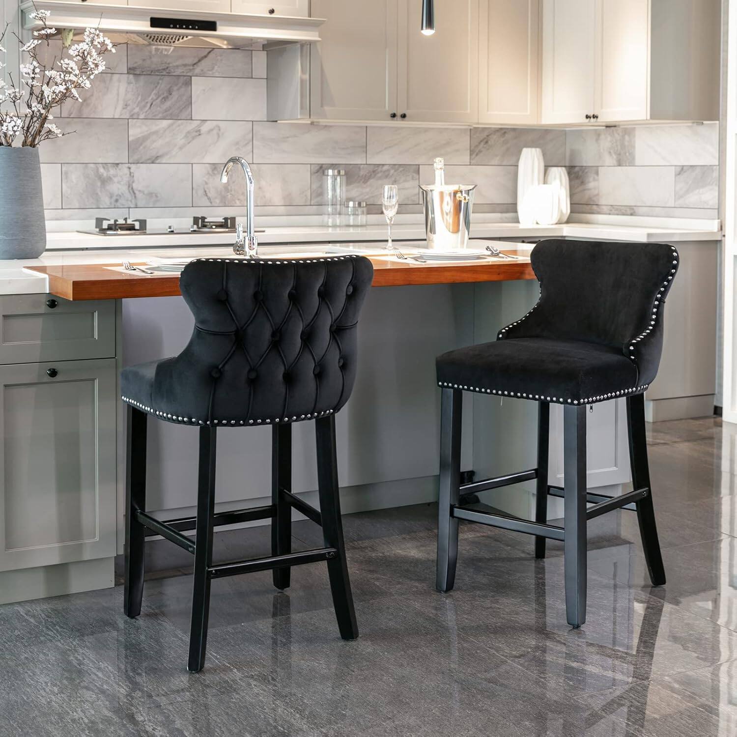 Front. Trinkets Crazed - Contemporary Velvet Upholstered Wing-Back Barstools with Button Tufted Decoration and Wooden Legs - black.