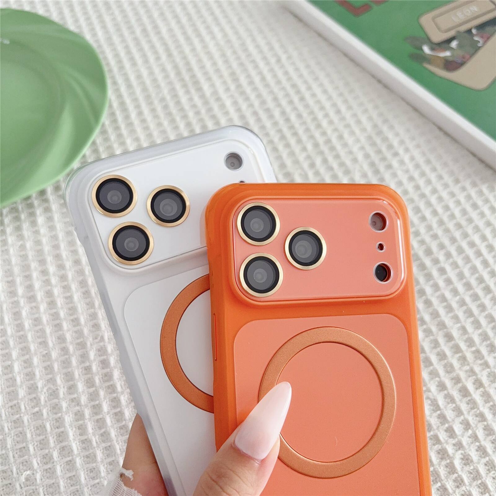 Back. Dteck - Magnetic Case for Apple iPhone 17 Pro Max with Built-in Lens Protector, Slim Dual-Layer Shockproof Protective Cover - Whiteorange.