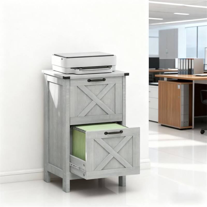 Angle. HTUTWOO - Farmhouse Office Storage Cabinet - File Cabinet with 2 Drawers, Adjustable Bars for A4/Letter Files, Anti-Tipping Device - Gray.