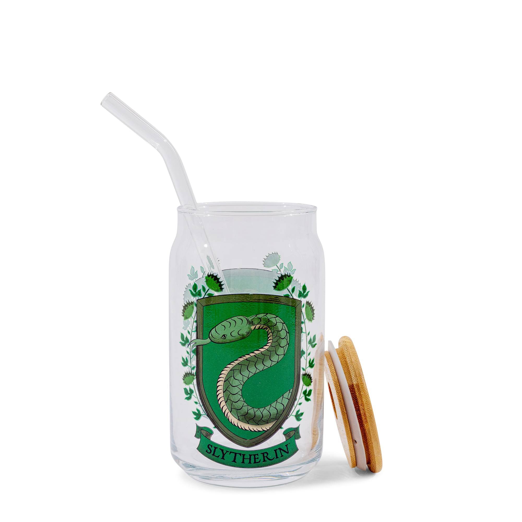 Alt View 10. Silver Buffalo - Harry Potter Slytherin House Mascot Glass Tumbler With Bamboo Lid and Straw - Green.