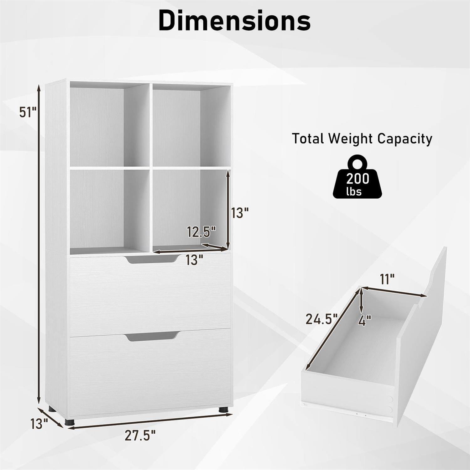 Dimensions:  
- Height: 51"  
- Width: 27.5"  
- Depth: 13"  
- Shelf Depth: 12.5"  
- Drawer Height: 4"  
- Drawer Width: 24.5"  
- Drawer Depth: 11"  

Total Weight Capacity: 200 lbs