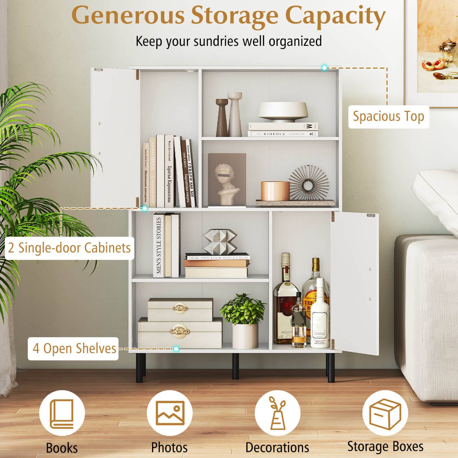 Generous Storage Capacity  
Keep your sundries well organized  

- Spacious Top  
- 2 Single-door Cabinets  
- 4 Open Shelves  

Books  
Photos  
Decorations  
Storage Boxes