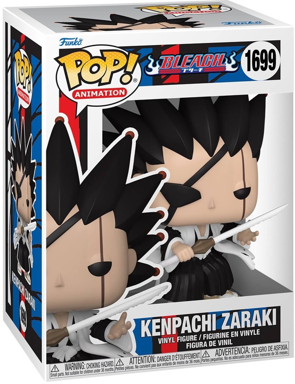 Sure, here is the corrected and grouped text from the image:

---

**Funko POP! ANIMATION**

**BLEACH**

**1699**

**KENPACHI ZARAKI**

**VINYL FIGURE / FIGURINE EN VINYLE / FIGURA DE VINIL**

**WARNING: CHOKING HAZARD. Small parts. Not suitable for children under 36 months.**

**ATTENTION: DANGER D'ÉTOUFFEMENT. Petites pièces. Ne convient pas aux enfants de moins de 36 mois.**

**ADVERTENCIA: PELIGRO DE ASFIXIA. Partes pequeñas. No es adecuado para niños menores de 36 meses.**

---

This text is organized to reflect the information on the packaging.