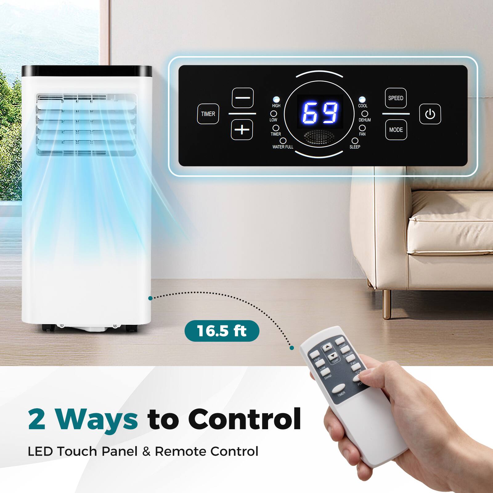 TIMER - HIGH - LOW - TIMER 69 COOL DEHUMIDIFIER FAN SPEED MODE SLEEP WATER FULL - 16.5 ft - - - 2 Ways to Control LED Touch Panel & Remote Control