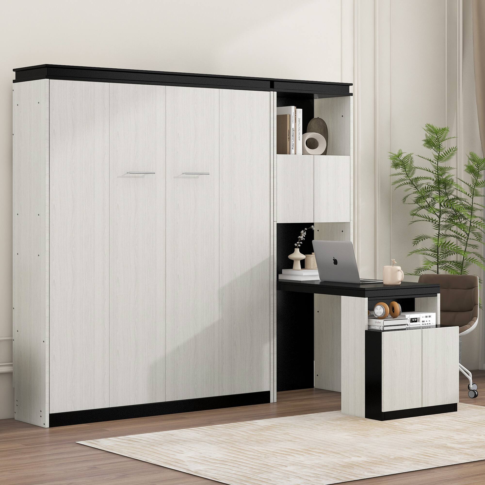 Left. Tiramisubest - Full Size Murphy Bed with Desk, Storage, Black+White, Solid Wood+MDF, 82x81x83 inches, 355 lbs - Black White.