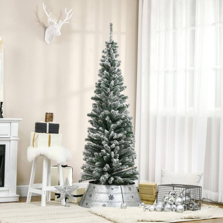 Alt View 2. PULUZ - 6ft Flocked Christmas Tree, Pencil Artificial Xmas Tree with Faux Snow, Dense Branches, Foldable Metal Base for Indoor H - Green.
