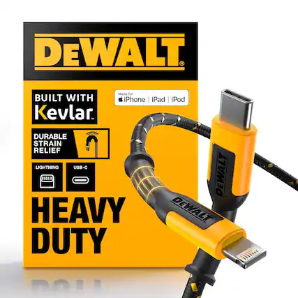 DEWALT 3 Made for BUILT WITH iPhone iPad iPod Kevlar - DURABLE STRAIN RELIEF LIGHTNING USB-C Dewalt HEAVY DUTY
